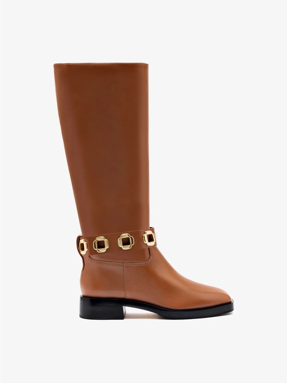 Larroude Milan Flat Riding Boots Caramel Leather